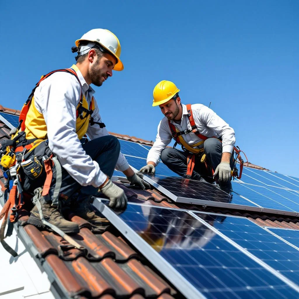 Monteure bei PV-Installation auf dem Dach