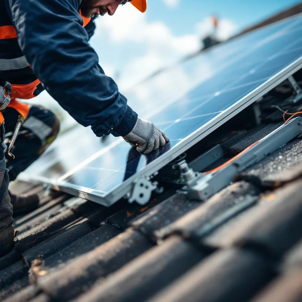 Solarteur installiert PV-Module auf Hausdach